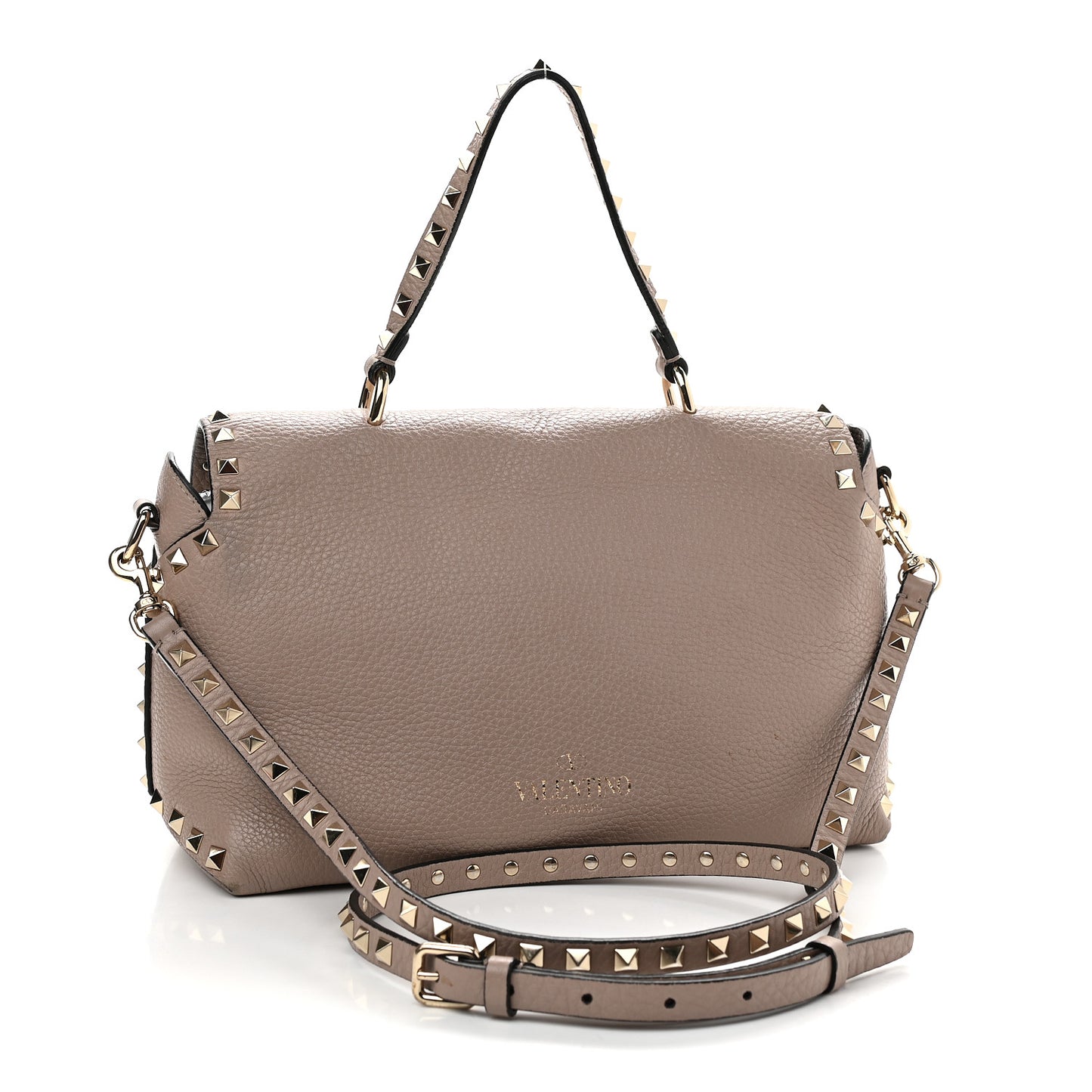 Pebbled Calfskin Rockstud Single Handle Flap Bag Poudre
