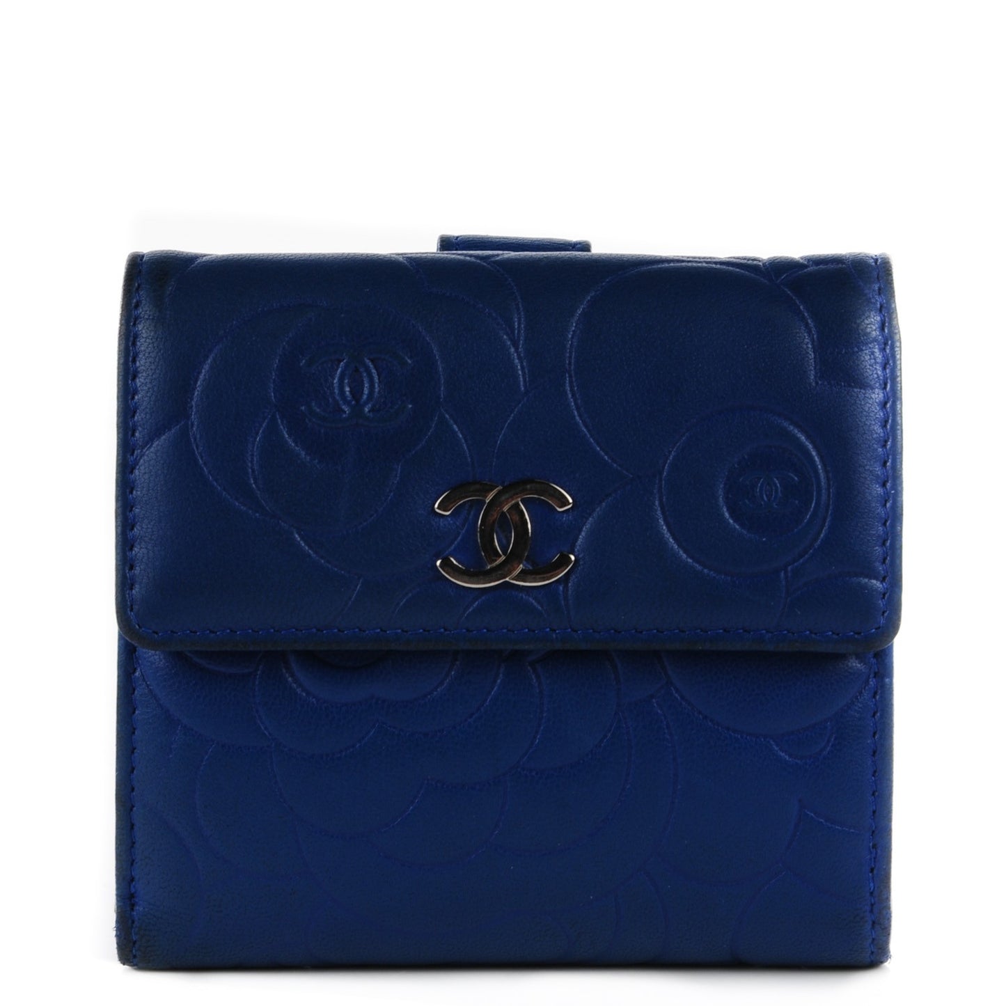Lambskin Camellia Embossed French Wallet Blue