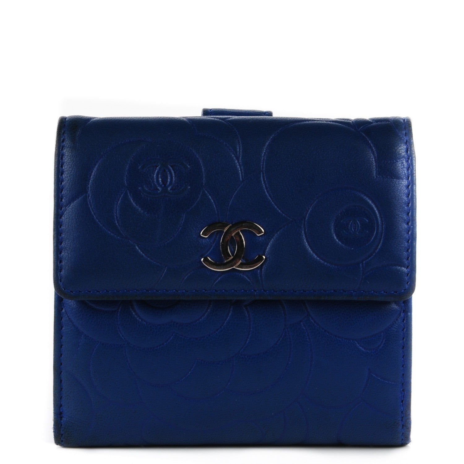 Chanel Lambskin Camellia Embossed French Wallet Blue 1 of 9