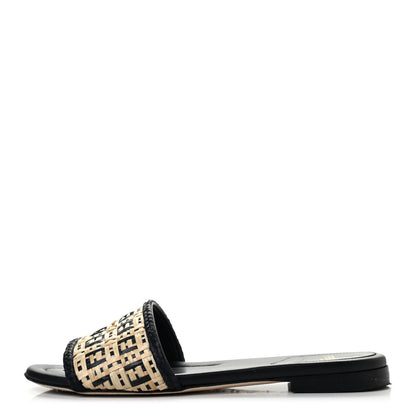 Fendi Raffia FF Flat Slide Sandals 37 Natural Black 1 of 14
