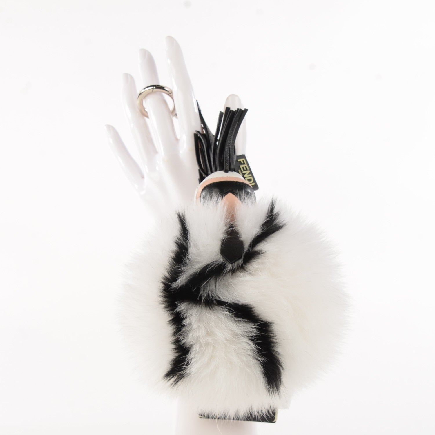Fendi Lambskin Fox Fur Super Karlito Pom Pom Bag Charm Black White 2 of 5