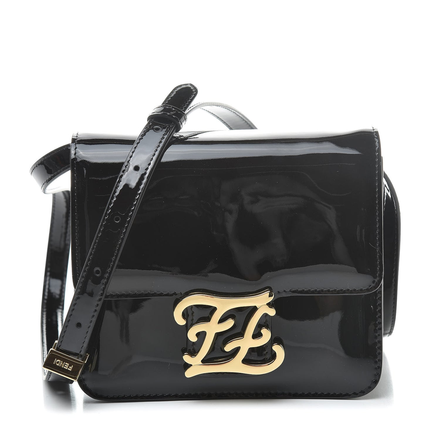 Vitello Vernice Mou Karligraphy Crossbody Bag Black