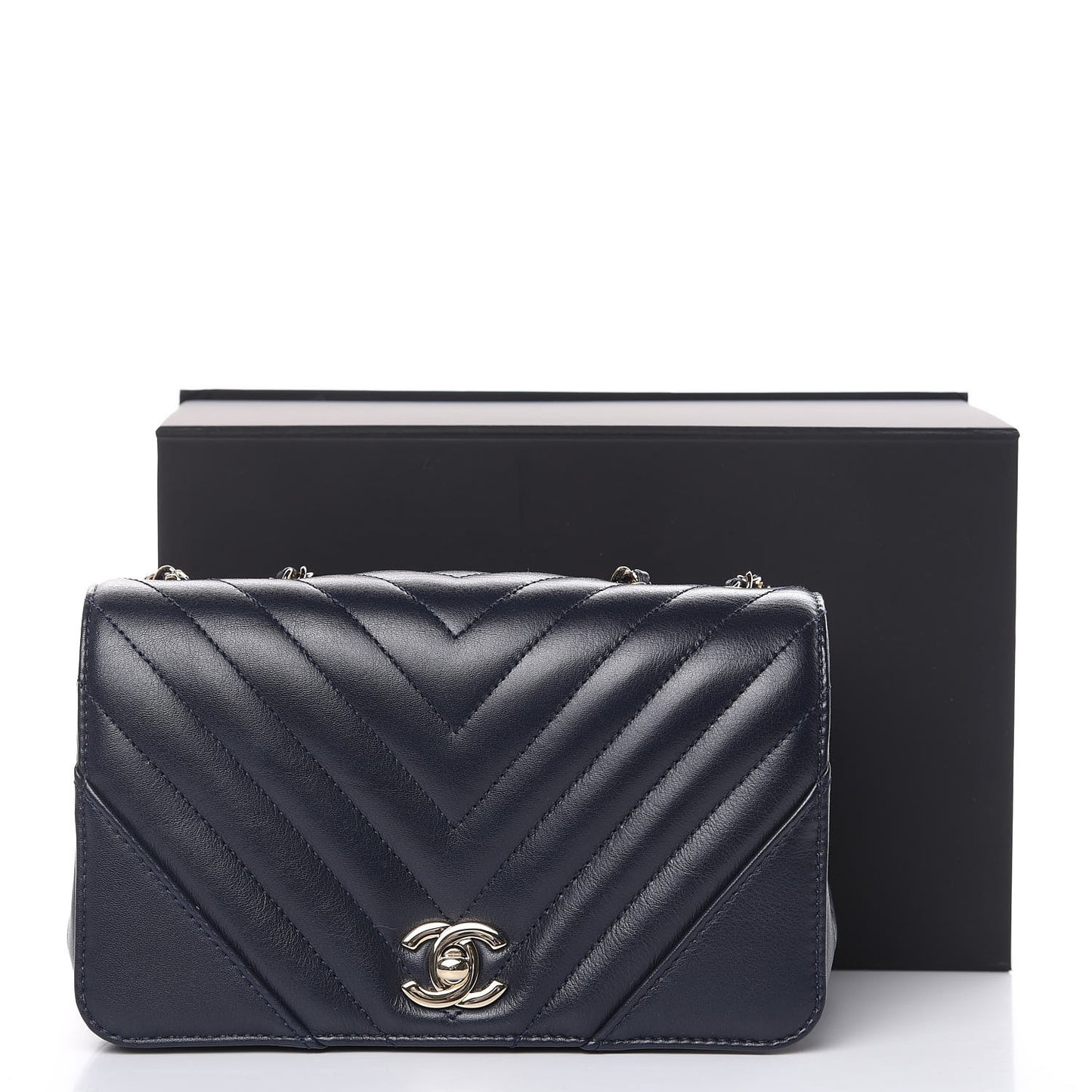 Calfskin Chevron Quilted Mini Statement Flap Navy Blue