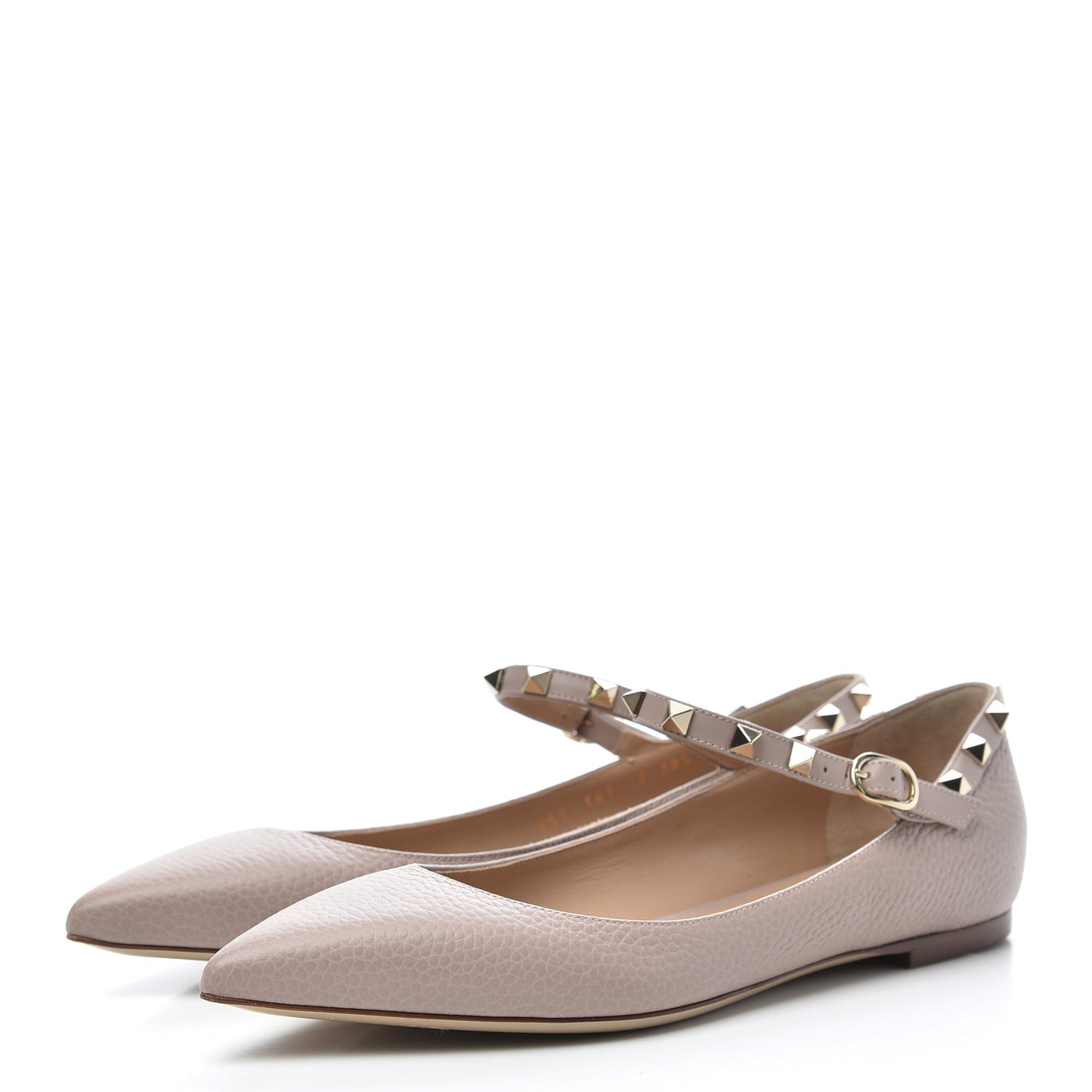 Pebbled Calfskin Rockstud Ankle Strap Ballerina Flats 38.5 Poudre