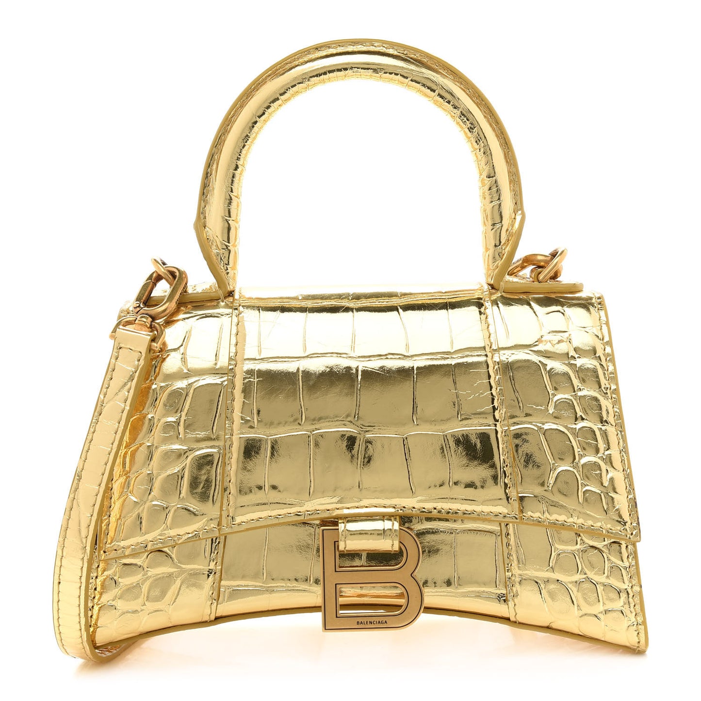 Metallic Calfskin Crocodile Embossed Hourglass Top Handle Bag XS Gold