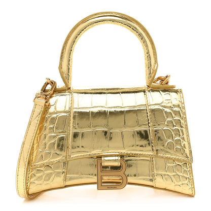 Balenciaga Metallic Calfskin Crocodile Embossed Hourglass Top Handle Bag XS Gold 1 of 10