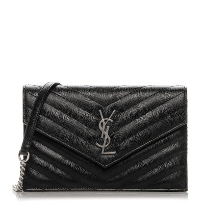 Saint Laurent Grain De Poudre Matelasse Chevron Monogram Envelope Chain Wallet Black 1 of 7