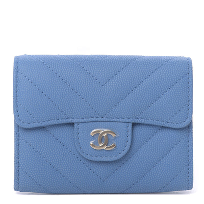 Chanel Caviar Flat Chevron Quilted Flap Card Holder Blue 1 of 9