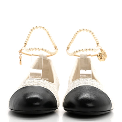 Chanel Tweed Lambskin Cap Toe Ankle Chain Ballerina Flats 38 White Black 2 of 9