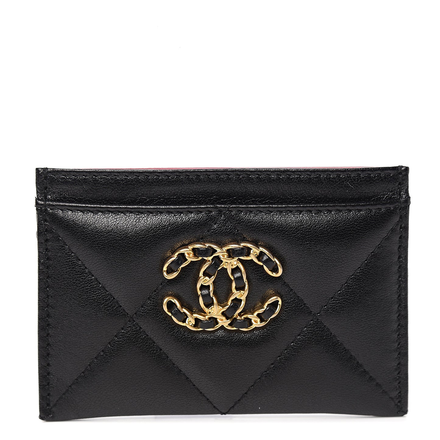 Shiny Goatskin Quilted Chanel 19 Card Holder Black