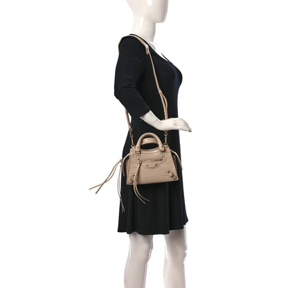 Balenciaga Shiny Supple Calfskin Crocodile Embossed Neo Classic Gold Hardware Mini City Light Beige 2 of 9