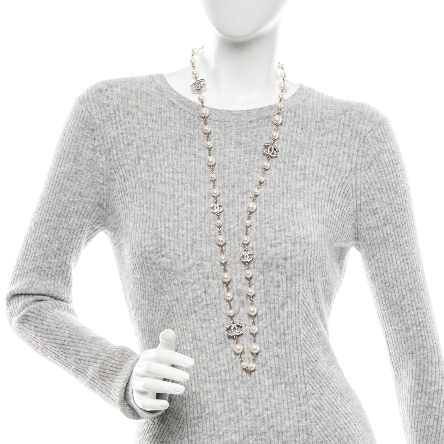 Crystal Pearl CC Long Necklace Silver
