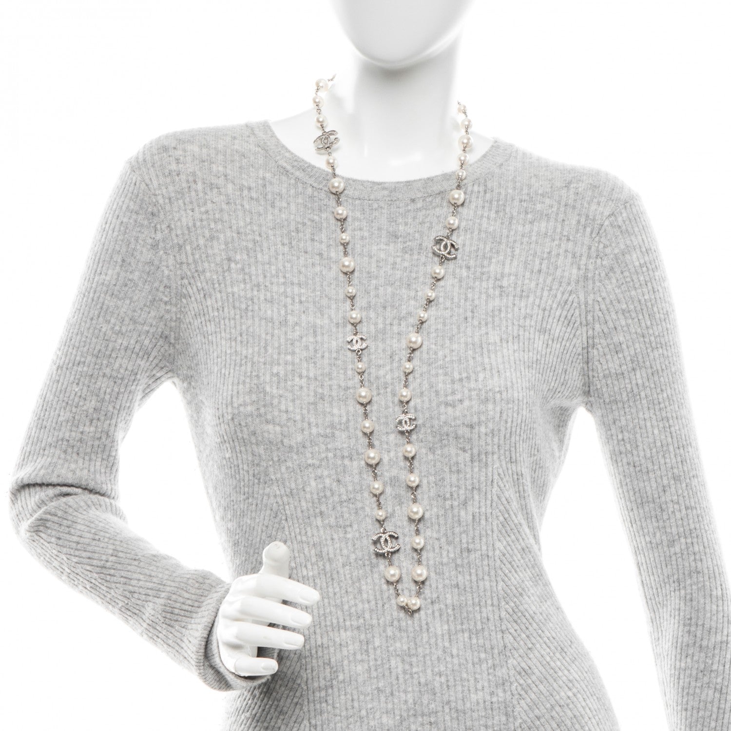 Chanel Crystal Pearl CC Long Necklace Silver 2 of 5
