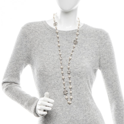 Chanel Crystal Pearl CC Long Necklace Silver 2 of 5
