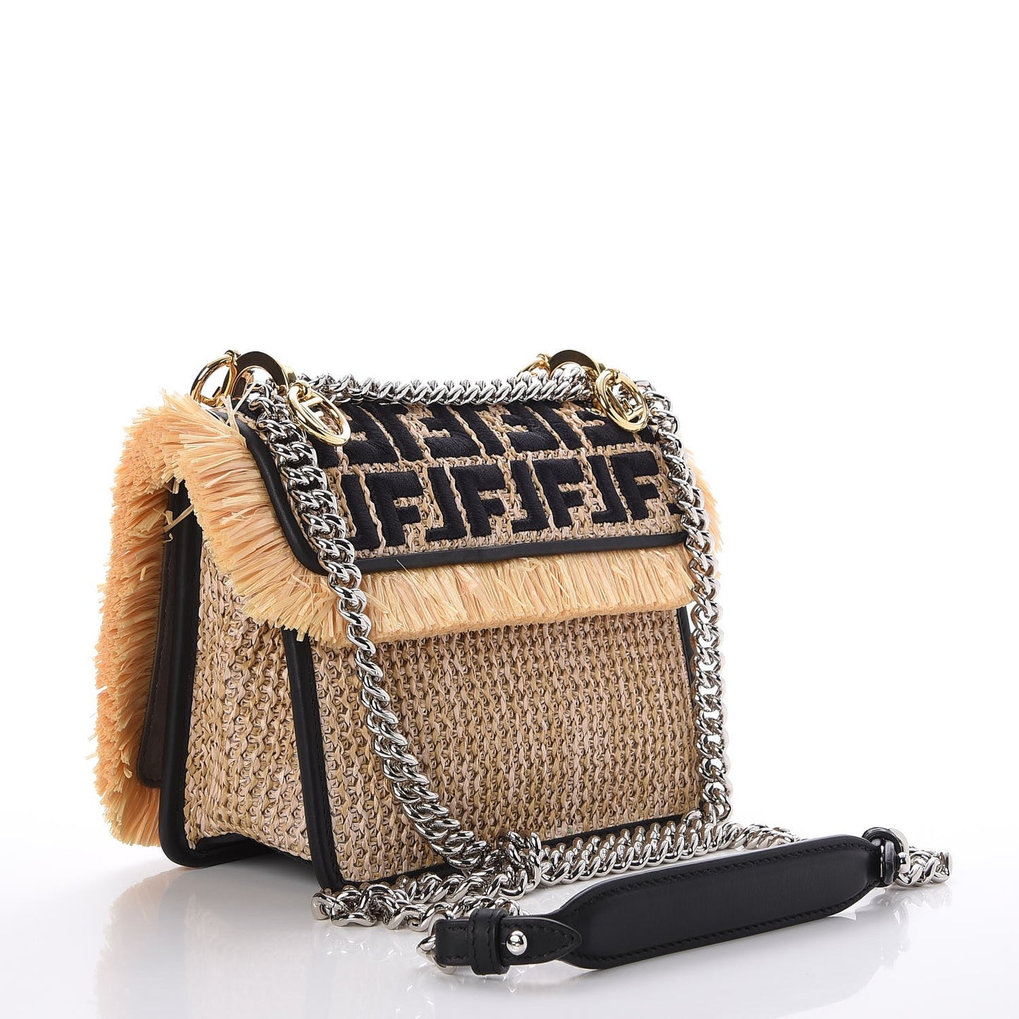 Raffia Vitello Century F is Fendi FF Embroidered Fringe Small Kan I Shoulder Bag Natural Black