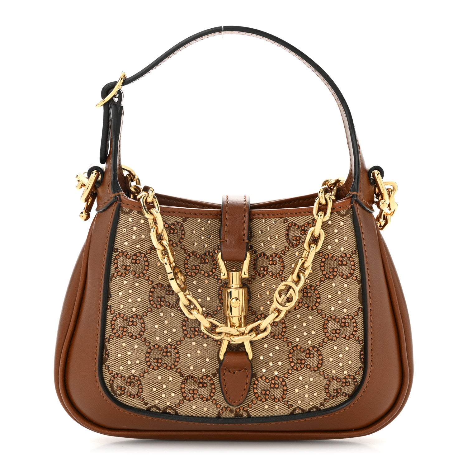 Gucci New Canvas Charisma Calfskin Crystal GG Monogram Mini Jackie 1961 Hobo Camel Ebony 1 of 11