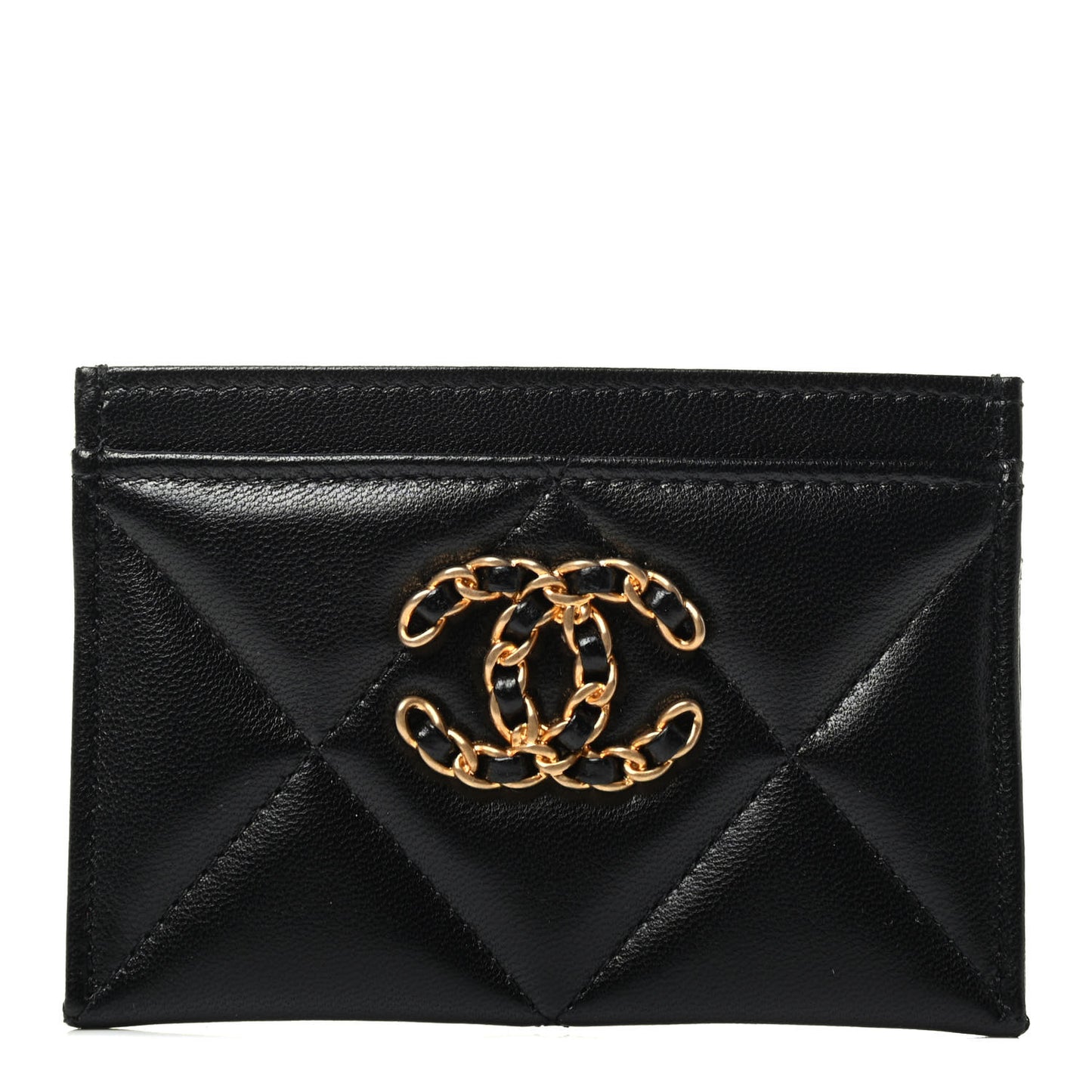 Shiny Goatskin Quilted Chanel 19 Card Holder Black