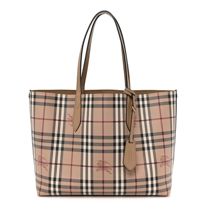 Burberry Grainy Calfskin Haymarket Check Medium Reversible Tote Camel 1 of 9