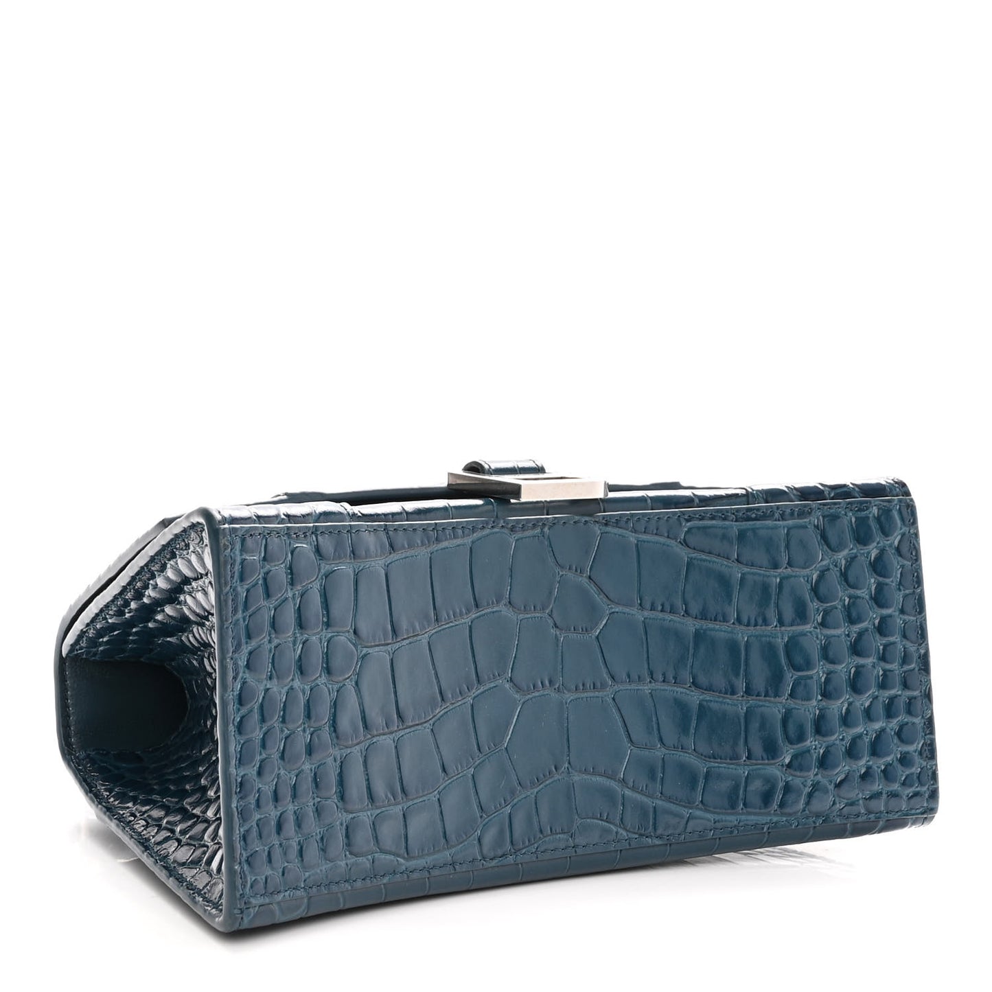 Shiny Calfskin Crocodile Embossed Small Hourglass Top Handle Bag Dark Petrol Blue