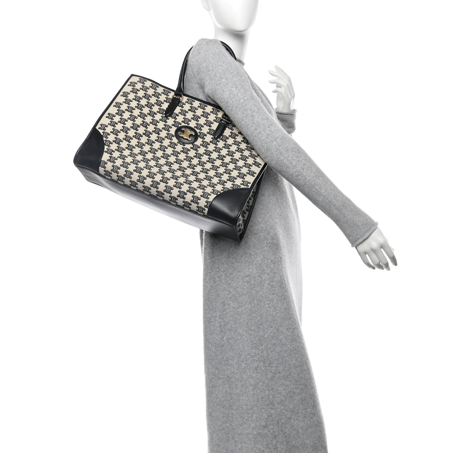 Celine Canvas Calfskin Triomphe Embroidered Horizontal Cabas Black 2 of 12