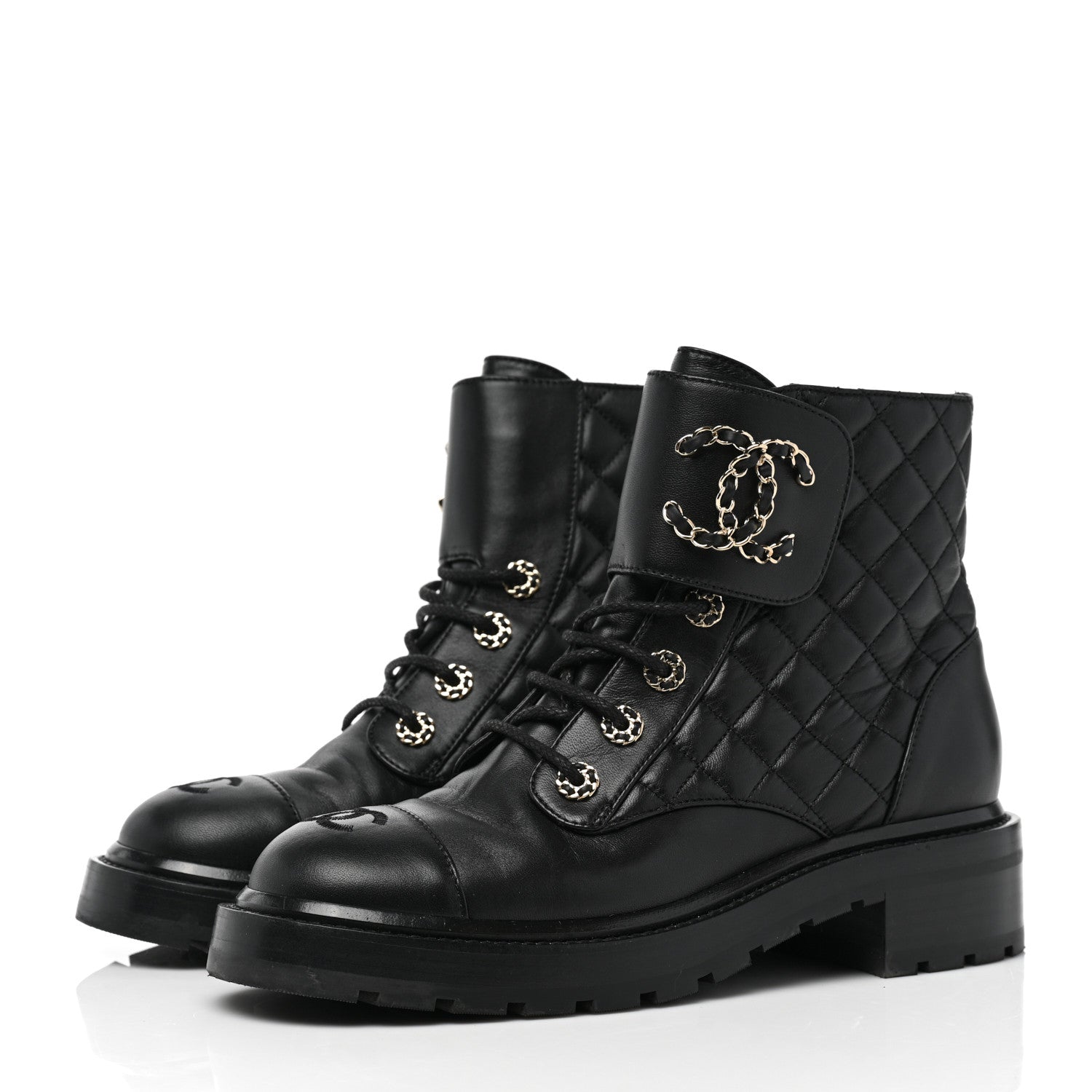 Chanel Shiny Goatskin Calfskin Quilted Lace Up Combat Boots 39 Black 3 of 9
