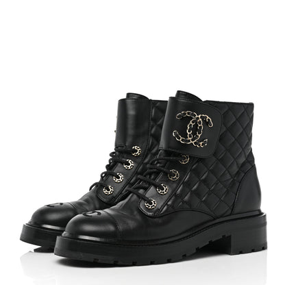 Chanel Shiny Goatskin Calfskin Quilted Lace Up Combat Boots 39 Black 3 of 9