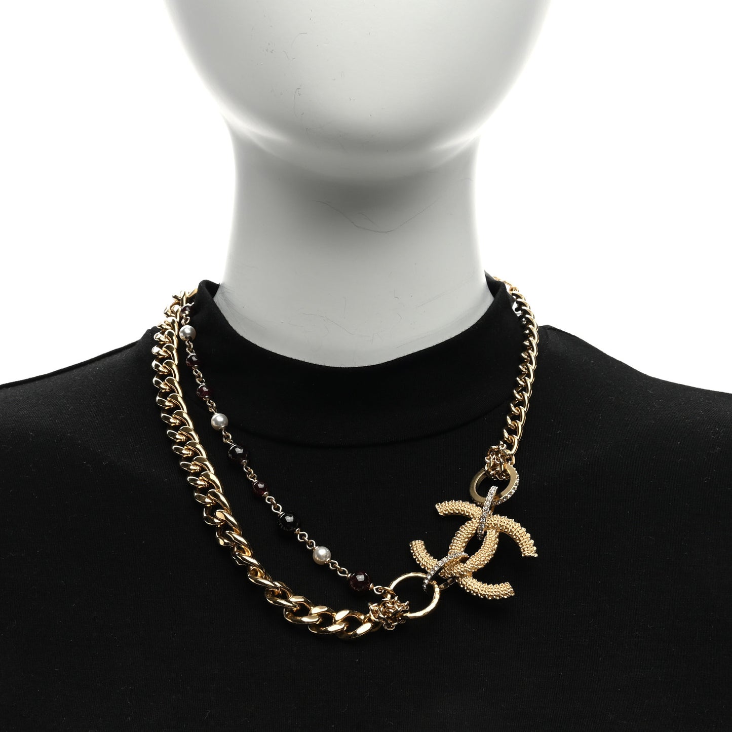 Crystal Pearl Beaded Metal Textured CC Chain Link Necklace Gold White Black