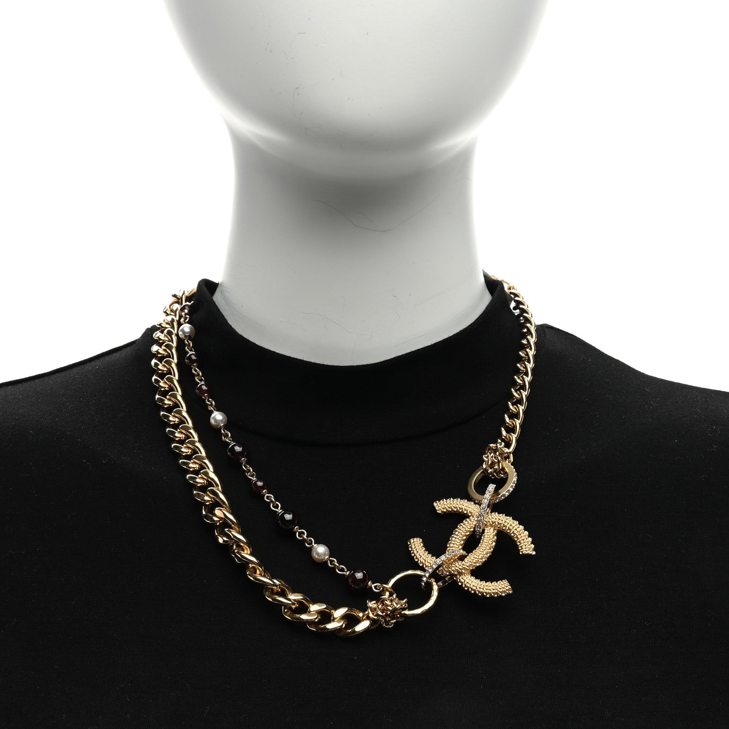 Chanel Crystal Pearl Beaded Metal Textured CC Chain Link Necklace Gold White Black 2 of 4