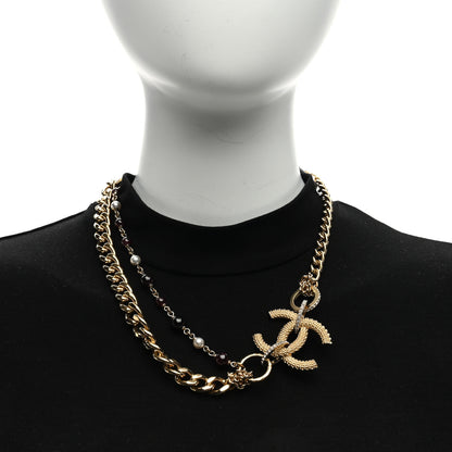Chanel Crystal Pearl Beaded Metal Textured CC Chain Link Necklace Gold White Black 2 of 4