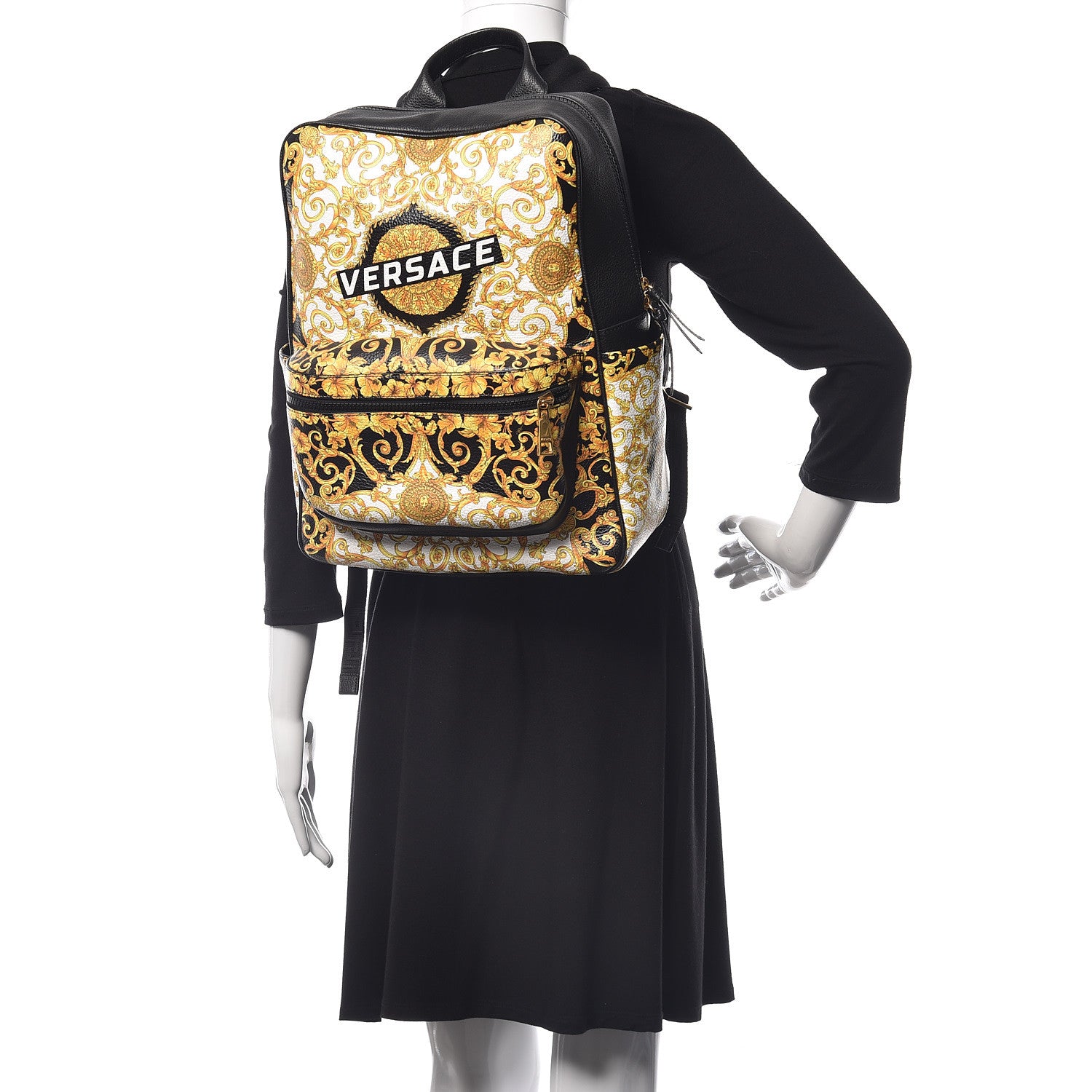 Versace Calfskin Baroque Print Backpack Black Gold Hibiscus 2 of 8