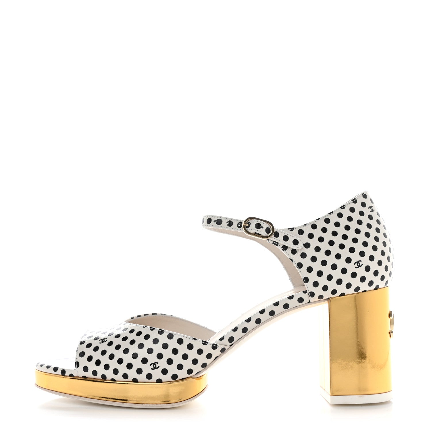 Chanel Printed Calfskin Polka Dot CC Platform Sandals 38 Ivory Black 1 of 9