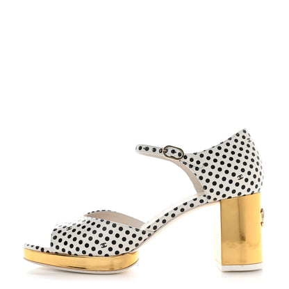 Chanel Printed Calfskin Polka Dot CC Platform Sandals 38 Ivory Black 1 of 9