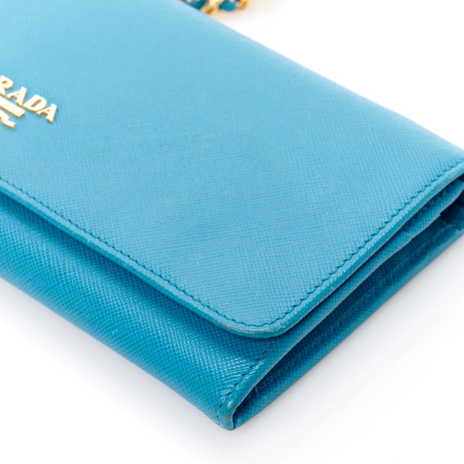 Prada Saffiano Metal Oro Chain Wallet Celeste 11 of 12