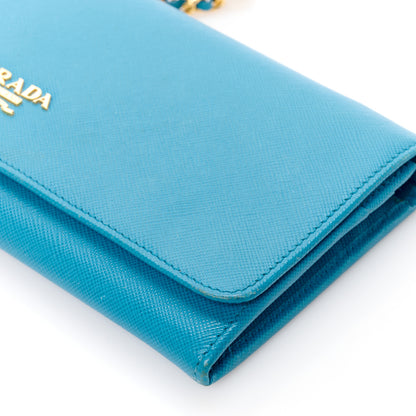 Prada Saffiano Metal Oro Chain Wallet Celeste 11 of 12