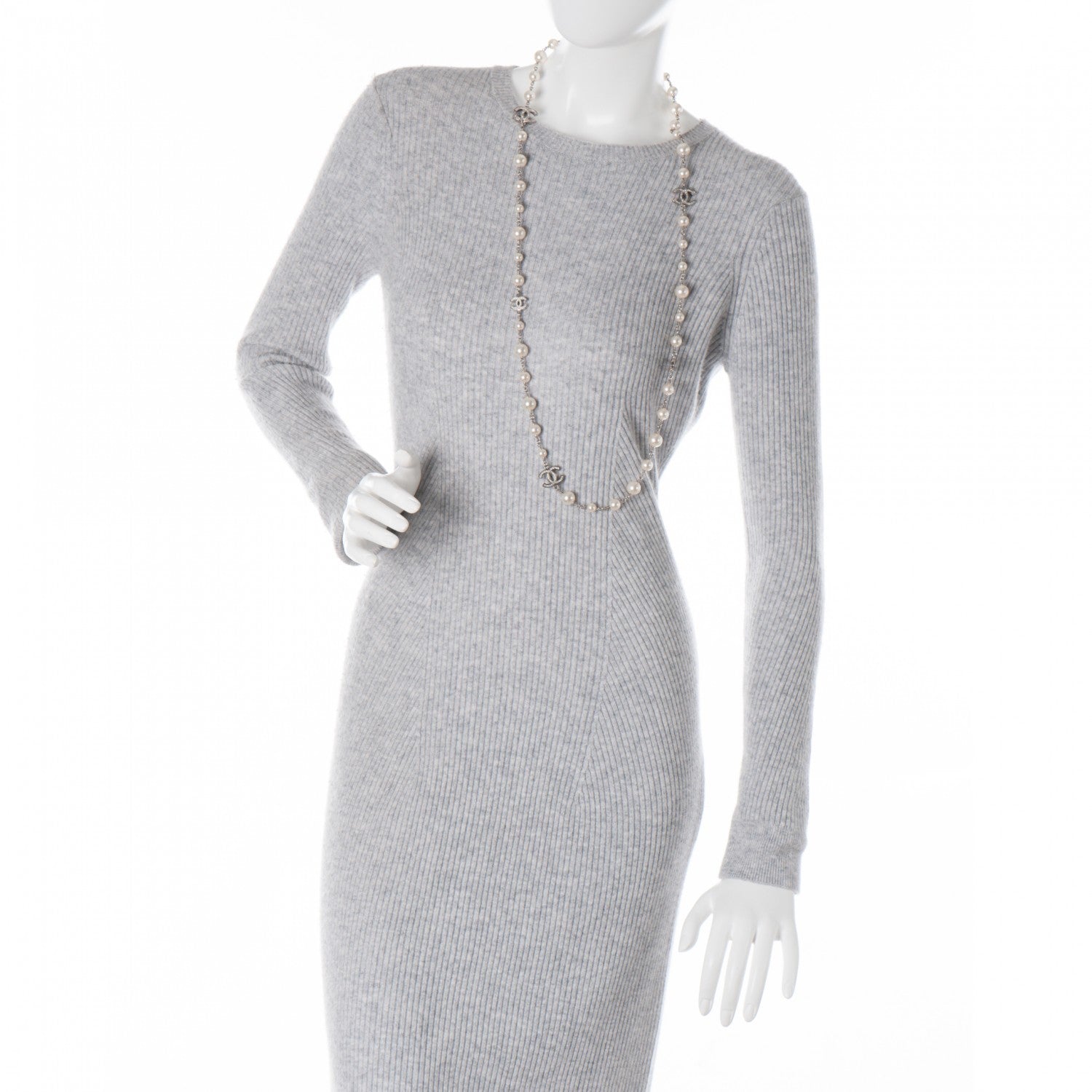 Chanel Crystal Pearl CC Long Necklace Silver 2 of 3