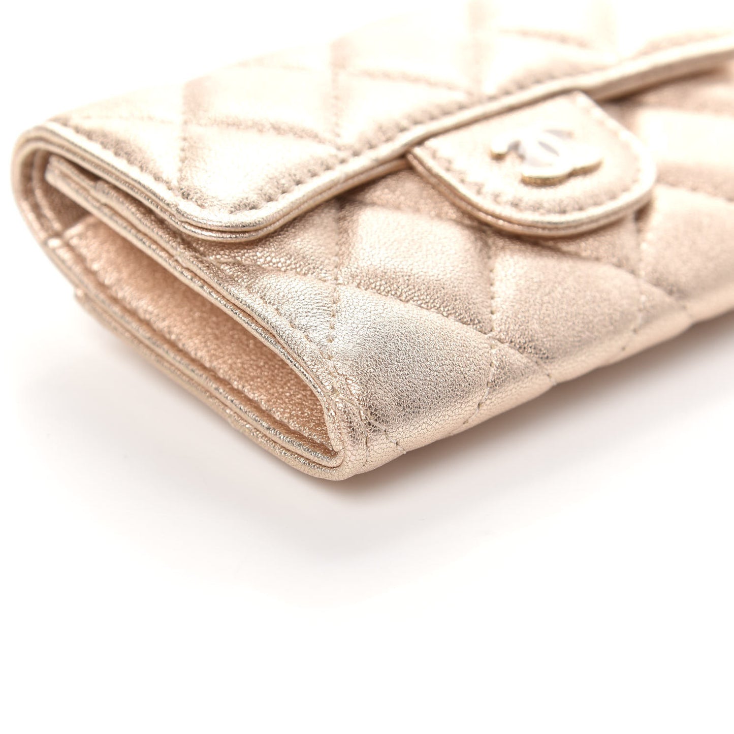Metallic Lambskin Quilted Flap Card Holder Wallet Gold