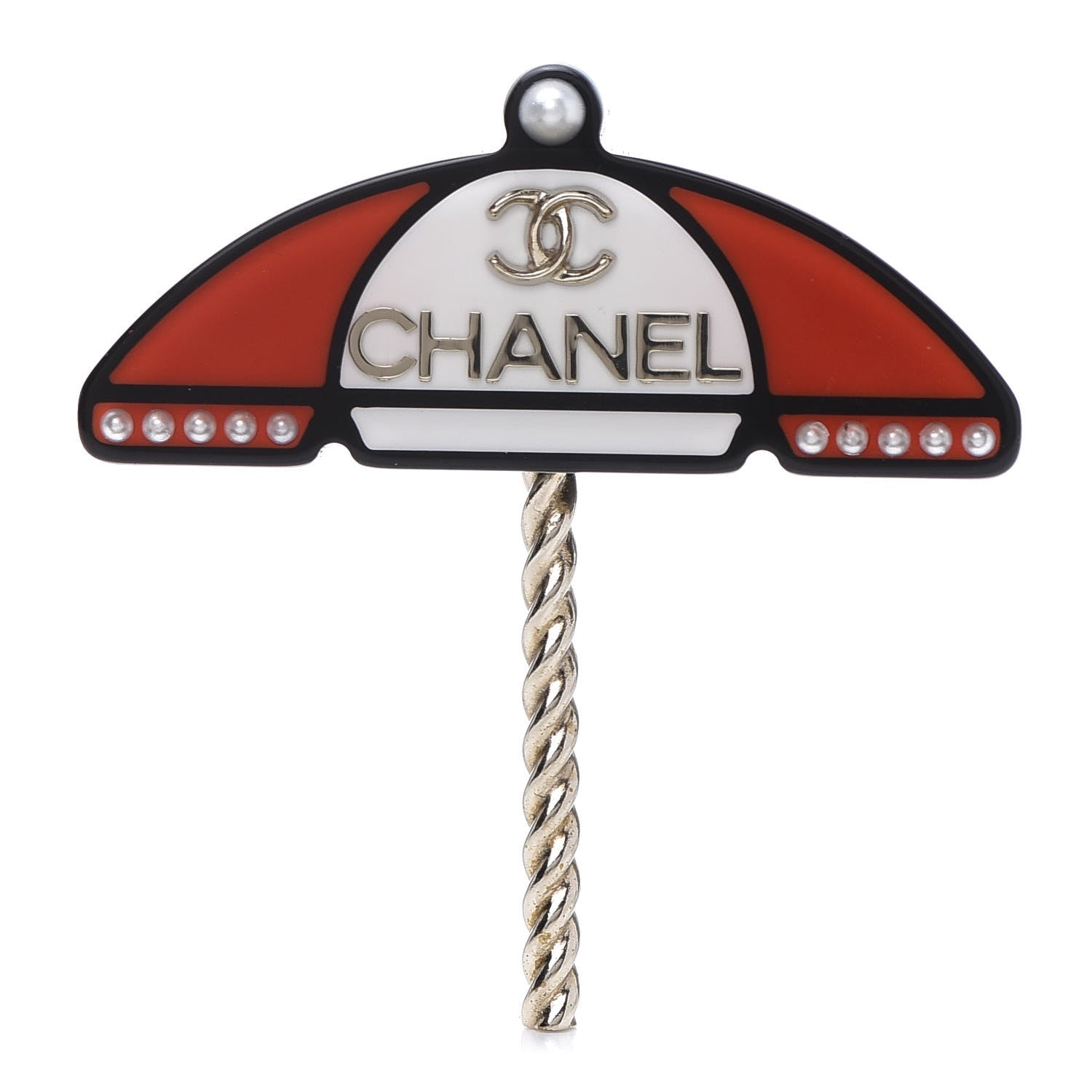 Chanel Resin Pearl Umbrella Brooch Gold Red White 1 of 5