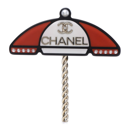 Chanel Resin Pearl Umbrella Brooch Gold Red White 1 of 5