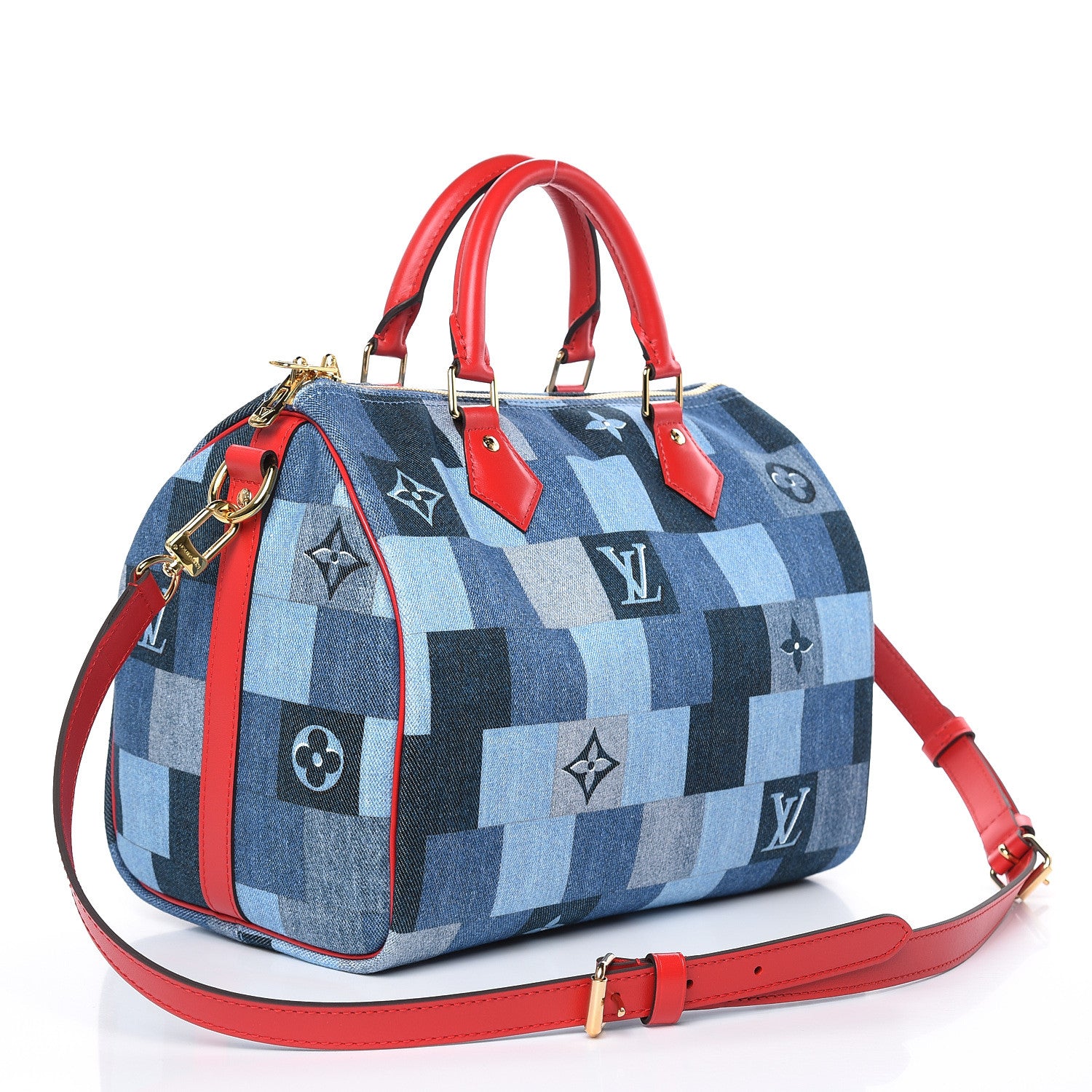 Louis Vuitton Denim Damier Monogram Patchwork Speedy Bandouliere 30 Blue Rouge 3 of 9