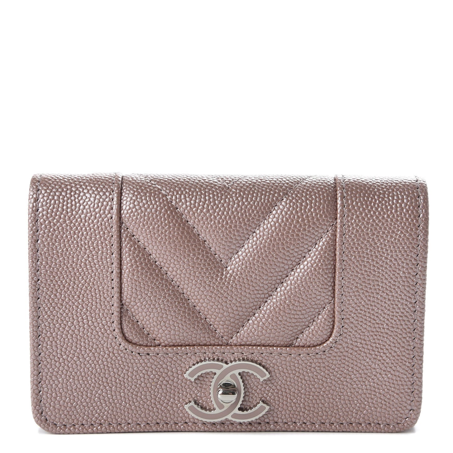 Metallic Caviar Chevron Quilted Vintage Mademoiselle Flap Card Holder Pink