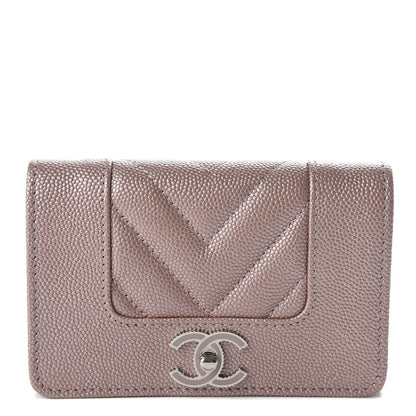 Chanel Metallic Caviar Chevron Quilted Vintage Mademoiselle Flap Card Holder Pink 1 of 8