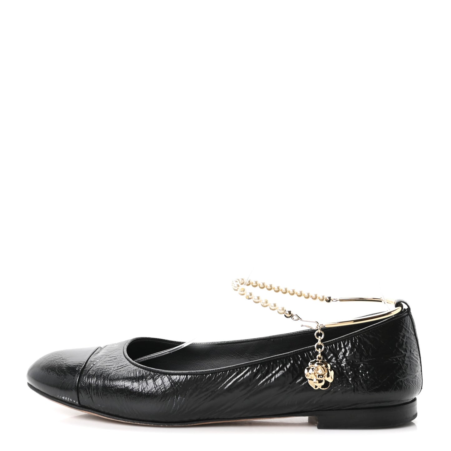 Shiny Lambskin Pearl Cap Toe Ankle Chain Ballerina Flats 41 Black