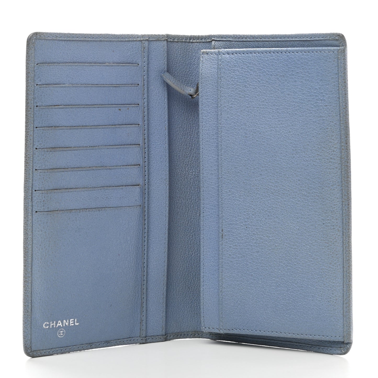 Goatskin Camellia Embossed Yen Wallet Blue