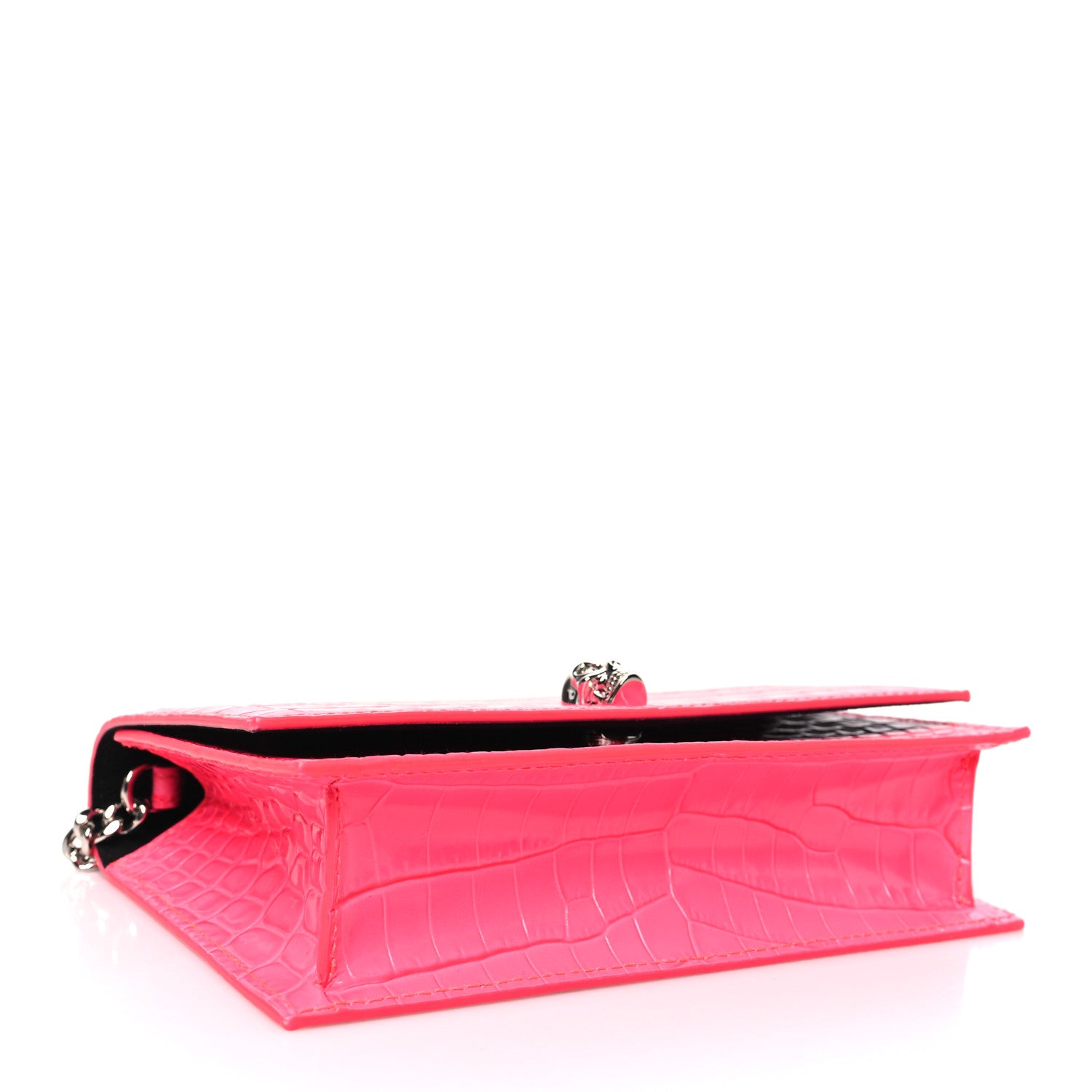 Alexander McQueen Calfskin Crocodile Embossed Skull Mini Crossbody Bag Neon Pink 4 of 10