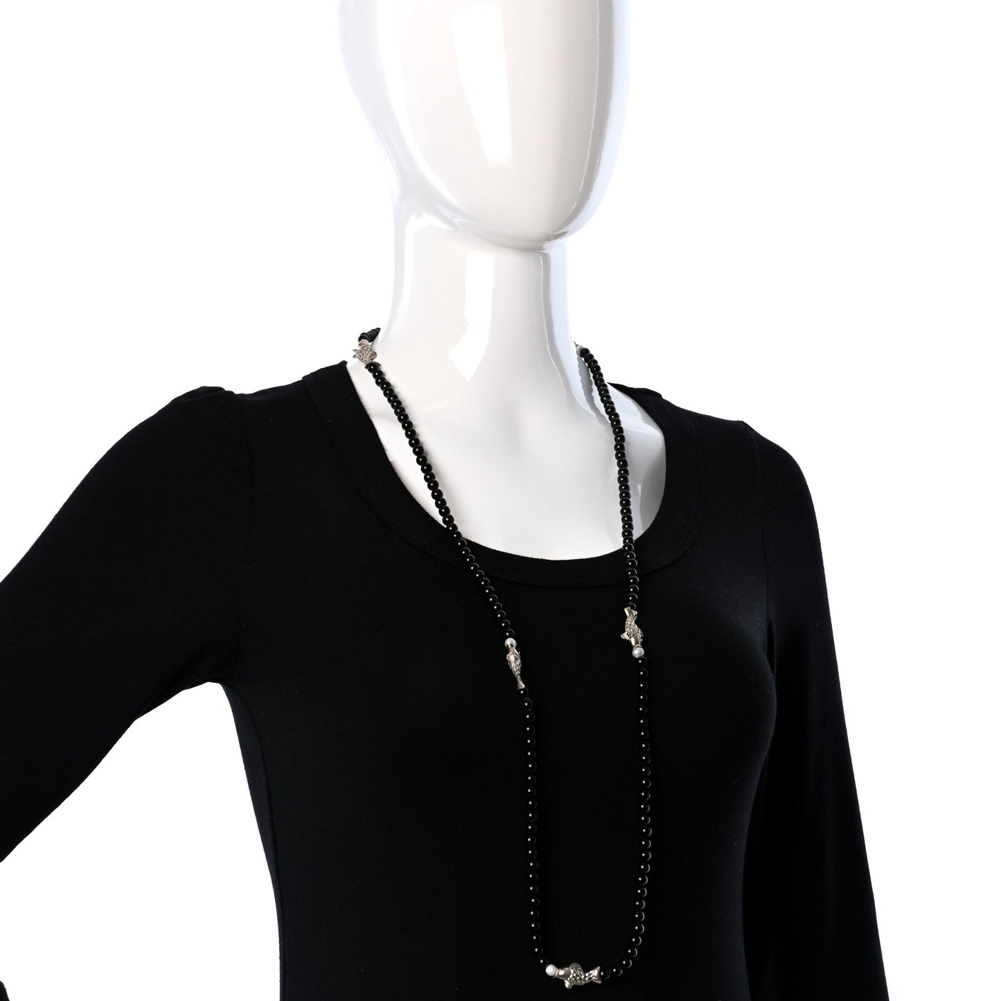 18K Yellow Gold Black Onyx Pearl Fish Bead Necklace