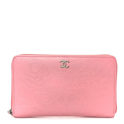 Chanel Lambskin Camellia Embossed Zip Around Organizer Wallet Pink 1 of 11