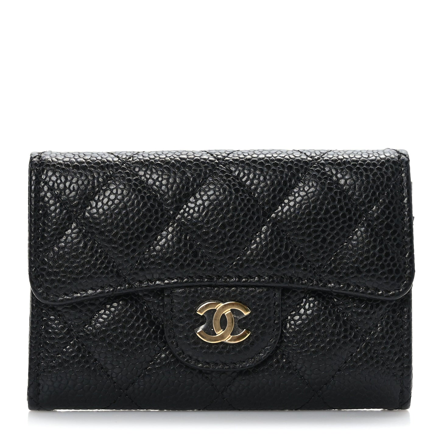 Caviar Quilted Flap Card Holder Wallet Black
