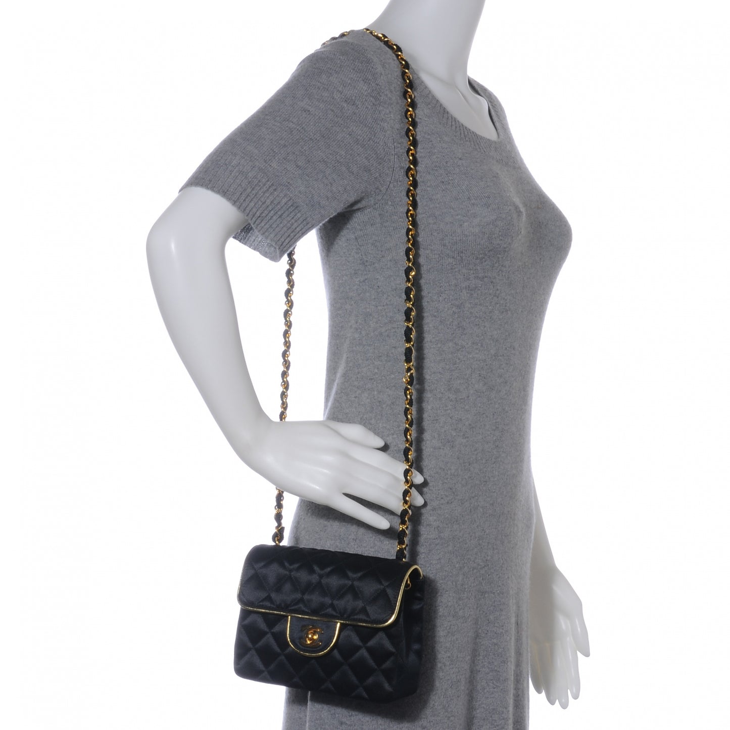 Satin Quilted Mini Flap Black Gold