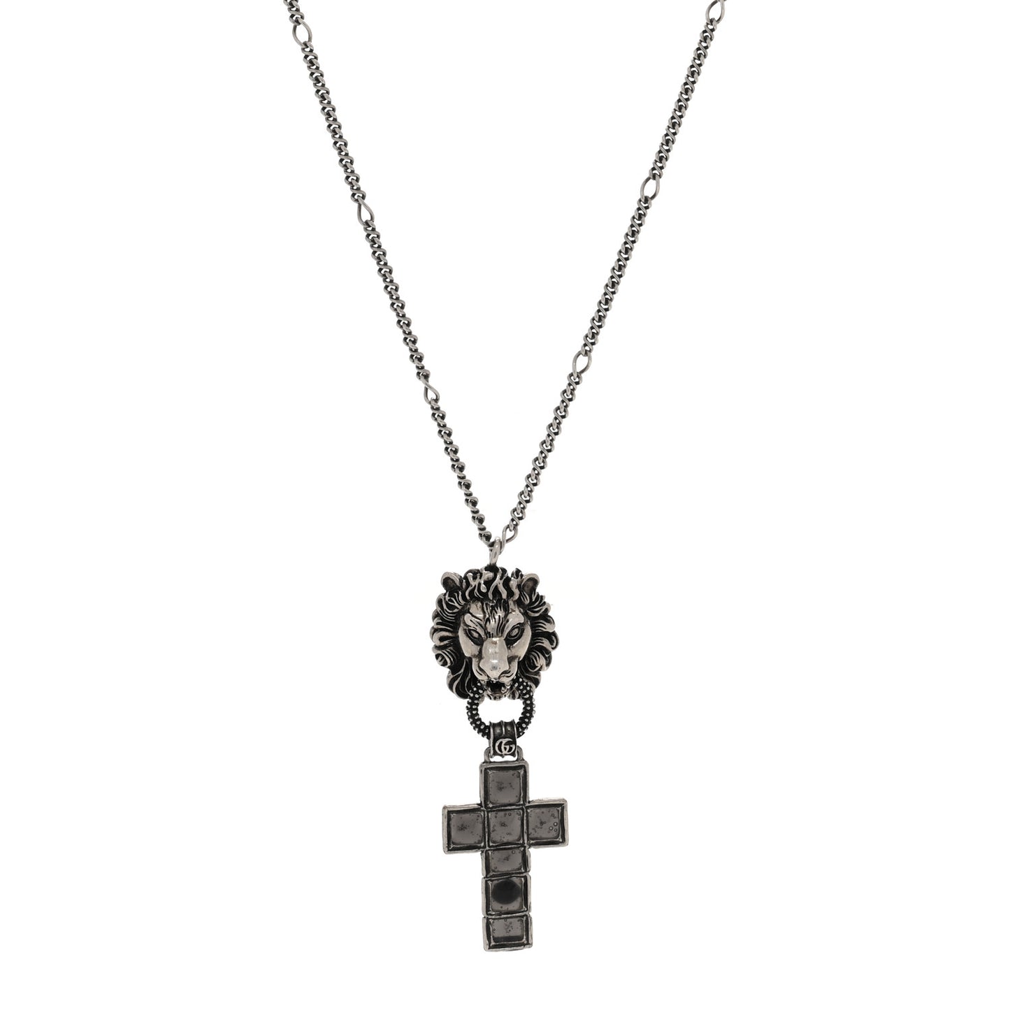 Enamel Brass Lion Head Crucifix Necklace Black