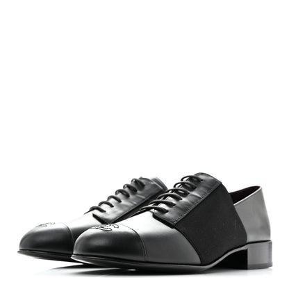 Chanel Calfskin Elastic Lace Up Cap Toe CC Loafers 38 Black 4 of 11